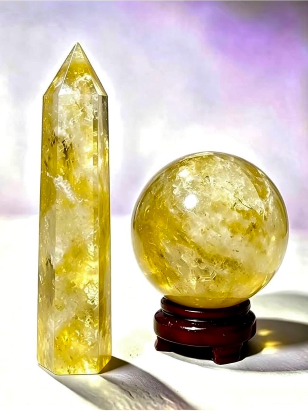 Yellow Citrine Crystal Tower and Sphere Set